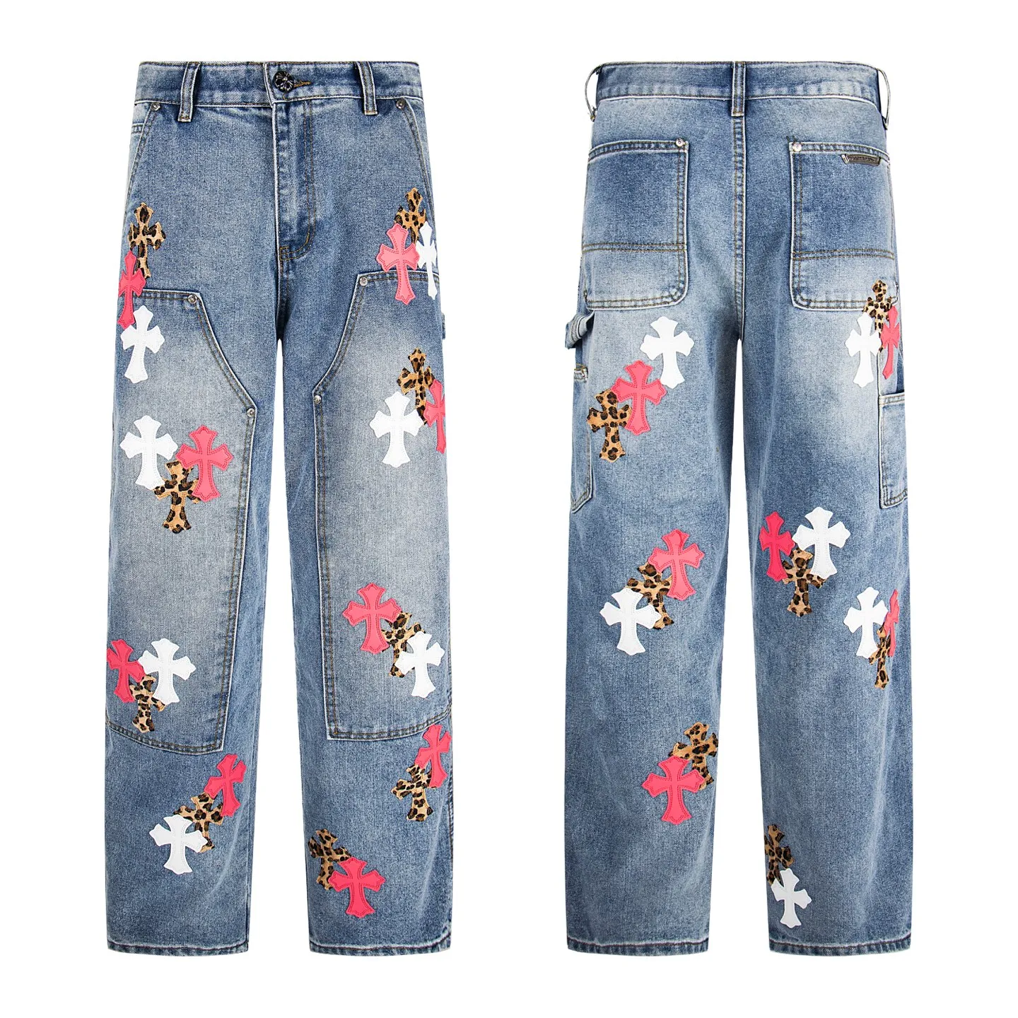 P260 Chrome Hearts | Chrome Hearts CH Chrome Hearts blue and white multi-color leather-splashed denim American work trousers. Full set of hardware molding. Hand-made tassels on the hem with frayed and damaged design. White genuine leather and then patching. Genuine Levi's jeans base plate. Disassembled and spliced. Heavy industrial washing. The upper body is stylish and handsome. The brand recognition is very clear, which greatly highlights the overall sense of style. The overall craftsmanship is impeccable. A pair of trousers. Same style for men and women. Style number: 1732# Size: 28 30 32 34 36